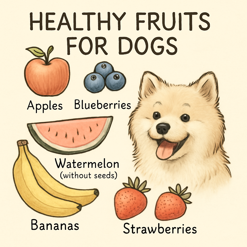 Healthy fruits for dogs - apples, blueberries, watermelon, bananas, and strawberries with a Chow Chow puppy