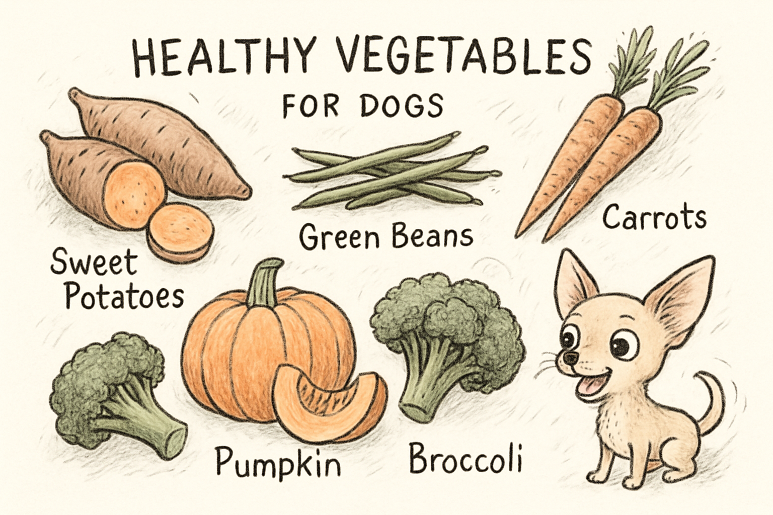 Healthy vegetables for dogs - sweet potatoes, carrots, green beans, pumpkin, and broccoli with a Chihuahua